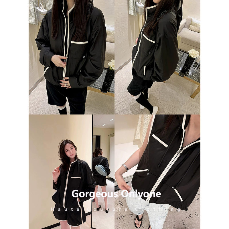 Insh 7-22 New Style Black Color-Blocking Zipper Jacket Fashion Set for Women Sleeveless Vest