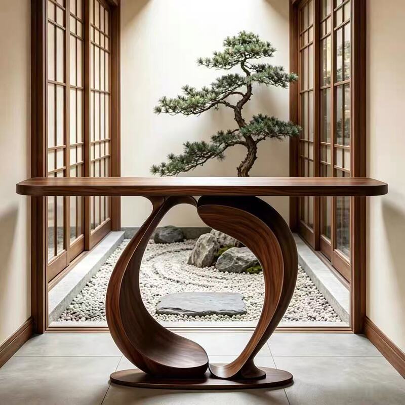 New Chinese-Style Irregular-Shaped Solid Wood Entryway Table, Minimalist Hallway Partition Cabinet Design, Decorative Table for the Corridor