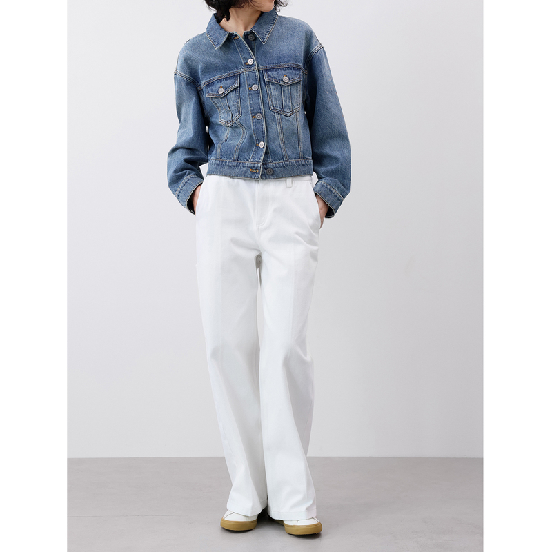 Davidsusan Twill White Long Straight-Leg Jeans, Textured Workwear-Style Denim Casual Pants for All Seasons