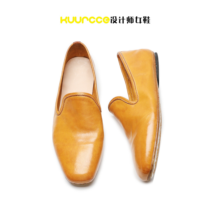 Kuurcce Horse Leather Washed Casual Slip-On Women's Shoes Retro Loafers Low-Heeled Lazy Shoes Soft-Soled Single Shoes