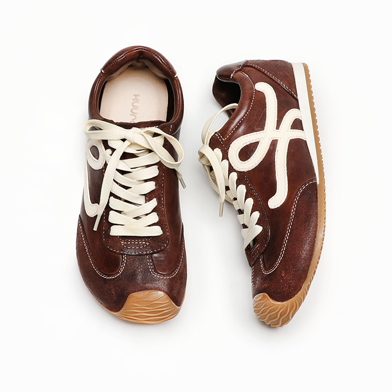 Kuurcce Retro Sports Washed Horsehide Versatile Soft-Soled Lace-Up Slanted Shoes Handmade Casual Shoes