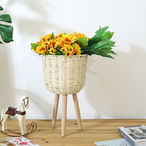 Nordic style creative wooden straw green radish flower pot rattan flower arrangement living room decoration woven flower basket floor flower stand