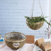 Creative pastoral straw weaving willow hanging hanging basket green plant hanging orchid succulent ivy green radish hanging wall flower basket flower pot