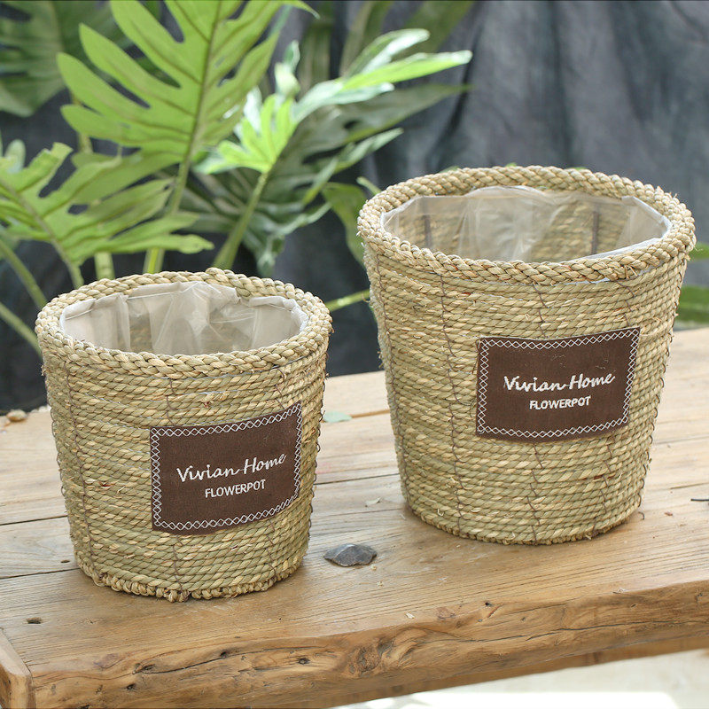 Creative European-style floor-to-ceiling living room decorations indoor small flower stand straw flower arrangement flower basket gold ge flower pot rattan flower basket