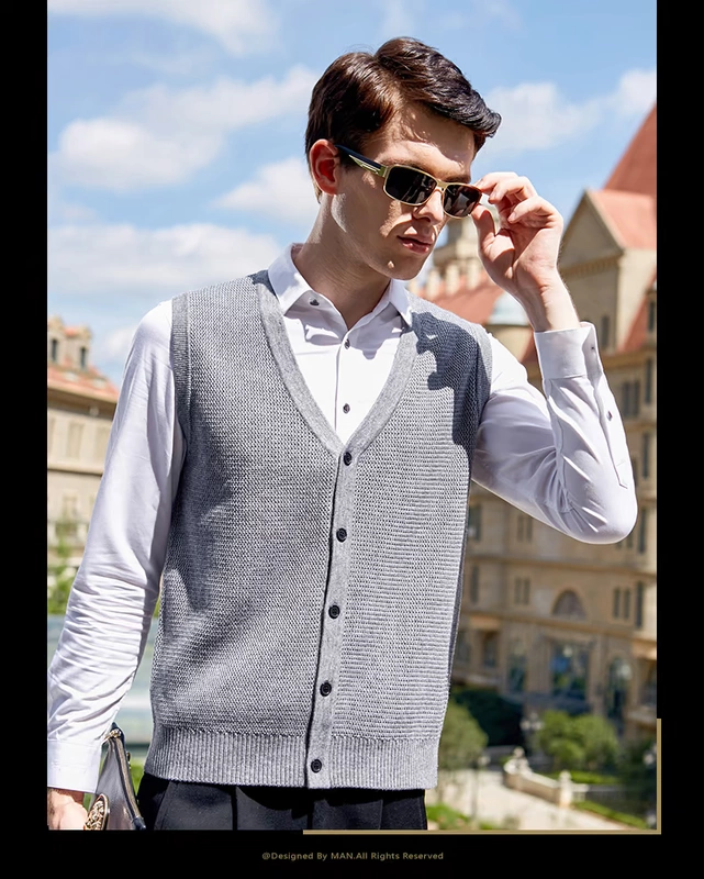 JOW / Jovow kinh doanh mùa thu đan áo len nam màu rắn giản dị cổ chữ V phù hợp với áo vest không tay áo khoác len nam trung niên