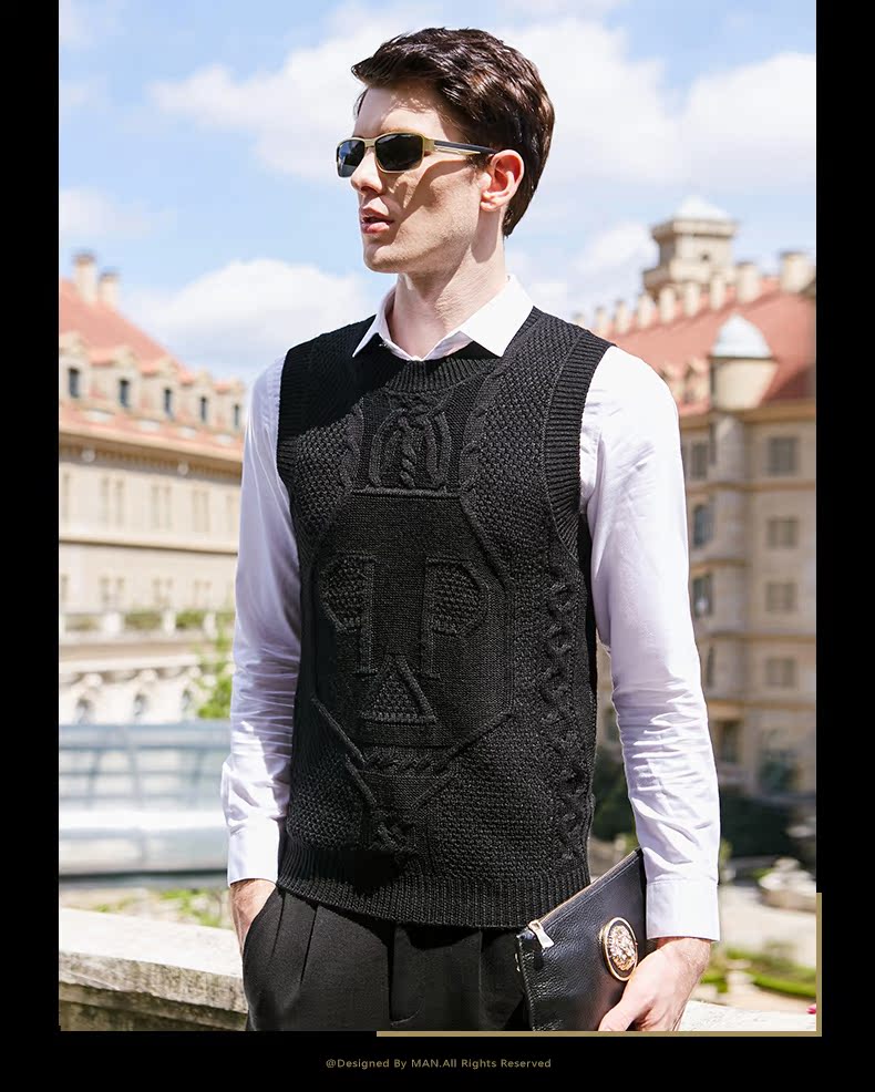 JOW / Qiaowo mùa xuân mũ len giản dị vest nam kinh doanh V-cổ đan vest vest màu rắn đồ vét nam