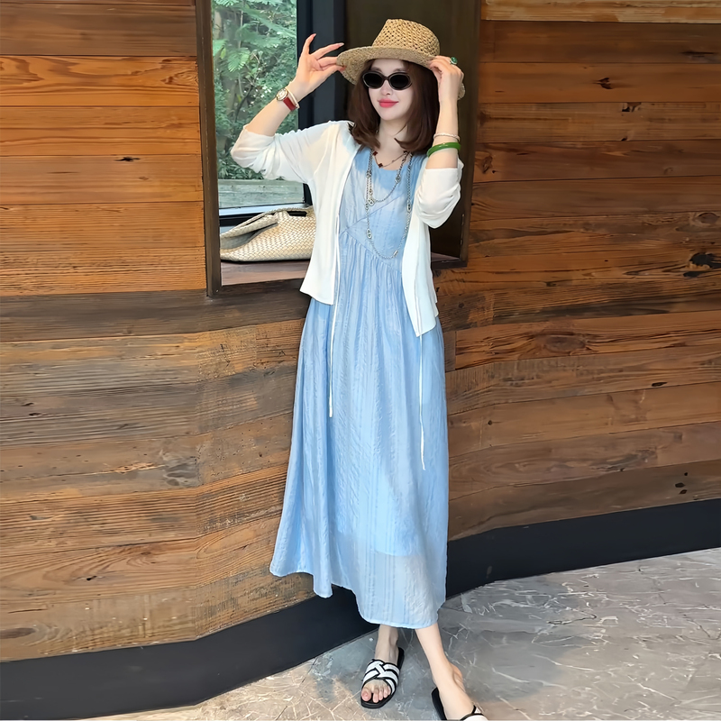 High-End Sleeveless Dress Set for Women 2026 Summer New Loose Mid-Length Belly-Covering Vest Dress Two-Piece Set