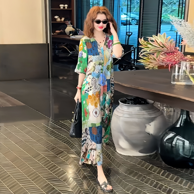 Resort Style Printed Dress for Women, 2026 Summer New Style, Loose Fit, Age-Reducing, Belly-Covering, Mid-Length, Over-The-Knee Printed Dress