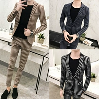 Mùa xuân và mùa hè thủy thủ nam nhà tạo mẫu tóc Slim kẻ sọc phù hợp với chín quần hai bộ hộp đêm nam phù hợp với sọc Anh áo thun nam