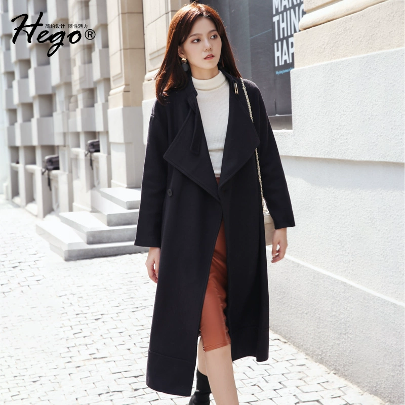 Hego2019 mùa thu mới của phụ nữ áo khoác cashmere của phụ nữ vải len màu đen mỏng Áo len dài giữa có xu hướng của phụ nữ - Trung bình và dài Coat