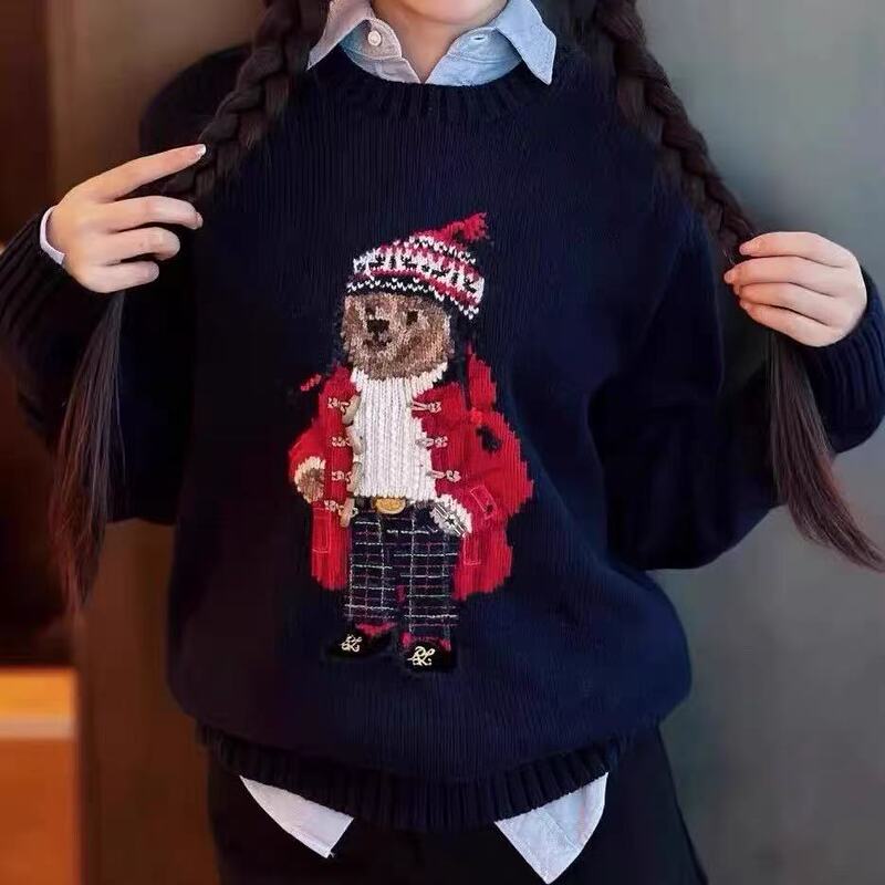 Non-Pilling R*L Christmas Hat Bear Autumn and Winter Unisex Pure Cotton Heavy Embroidery Cartoon Crew Neck Knitted Sweater