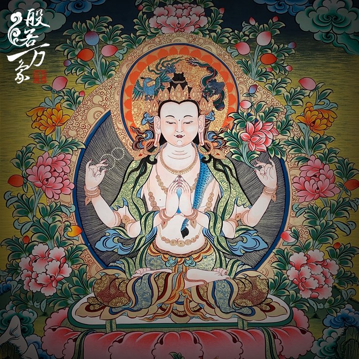 Hot Gun Pure Hand-painted Donka Painting Four Arms Guanyin Tibetan Buddhist Sculpture Buddhist Boutique Living Room Genguan Decoration Painting Hanging Painting