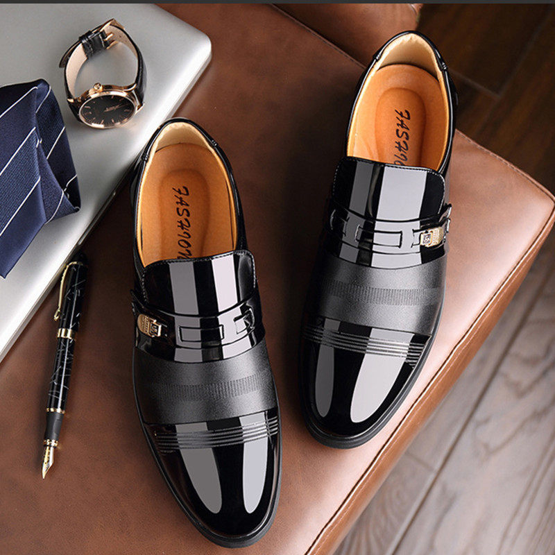 Men's Leather Shoes Flat Bottom Business Positive Dress Feet Non-slip Bright Light Working Men Suits Casual Big Size Shoes Flat Heel