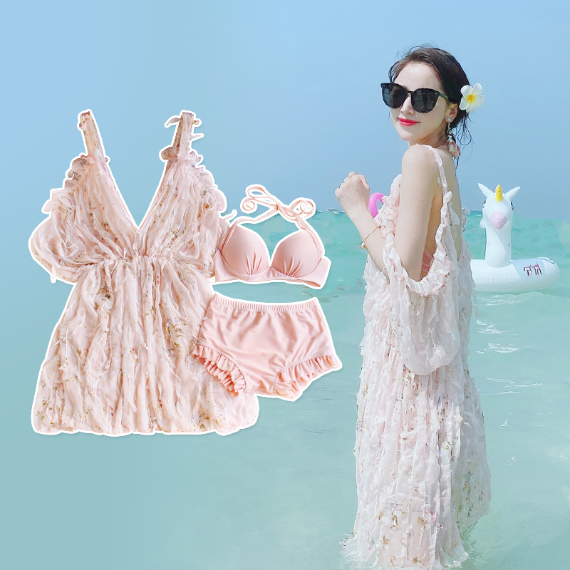 Super fairy fan swimsuit women's three-piece 2021 new summer thin bikini sexy hot spring swimsuit blouse skirt