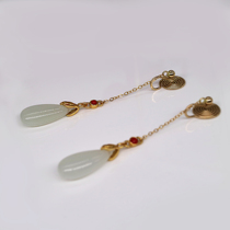 Ancient wind and field White Jade long water droplets simple retro elegant ear clip painless mosquito-repellent temperament earrings