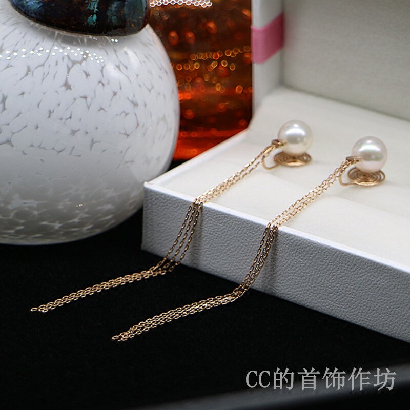 18k rose gold sea water pearl tassel long version ear clip CC jewelry workshop original handmade exquisite ear clip