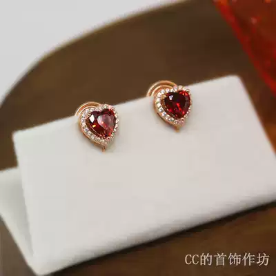 No pierced heart-shaped red zircon ear clip CC jewelry workshop painless mosquito coil small shiny earrings