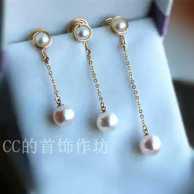CC's jewelry workshop Freshwater round pearl long version painless and fresh handmade mosquito coil ear clip
