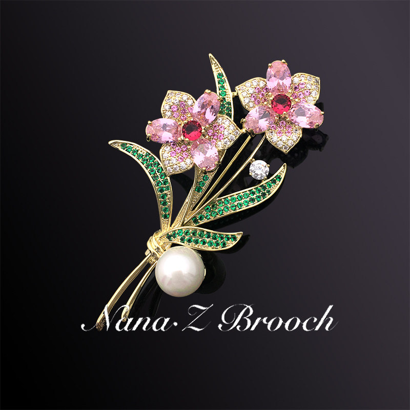 Nali blossoming twin flower fashion brooch female atmosphere is micro-encrusted diamond high-quality bosom flower birthday gift