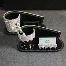 High-grade leather diamond pen holder Creative fashion office ornaments Diamond-set rhinestone pen holder Business card holder set 