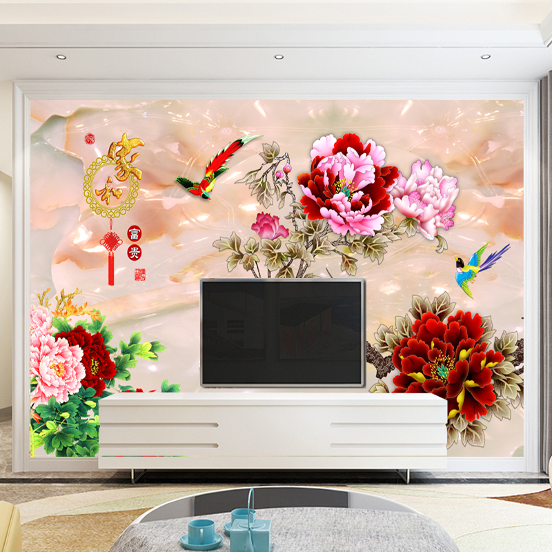 Jade Sculpture Peony Self-Adhesive Mural Large Wallpaper Living Room TV Sofa Background Wall Wallpaper Home and Collage Sticker