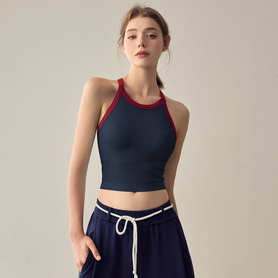 Color block yoga vest women's threaded fixed cup running shockproof sports bra outer wear training I-shaped fitness bra