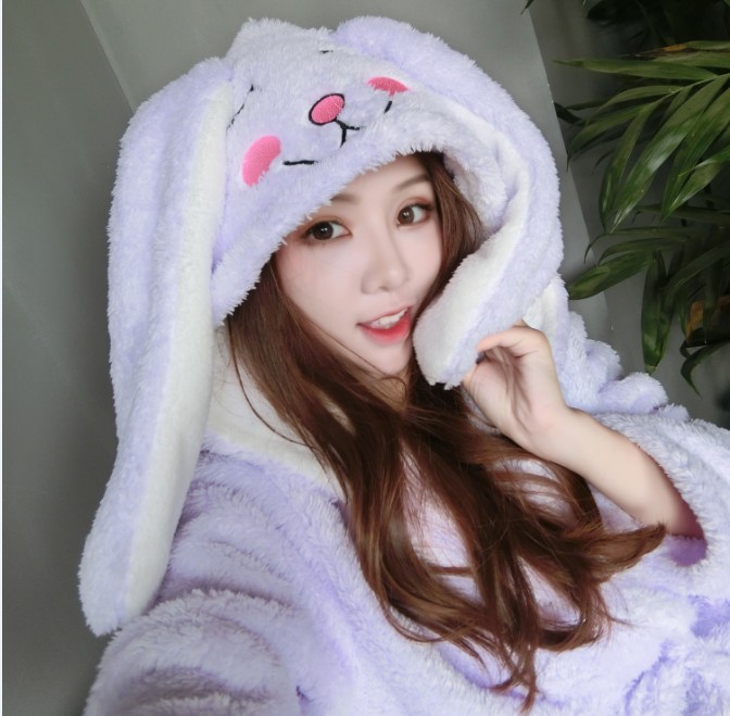 Phim hoạt hình đồ ngủ nữ san hô nhung mùa thu nữ mùa đông dễ thương áo choàng tắm dày sang trọng tai lớn áo choàng công chúa đồ ngủ nam hàn quốc