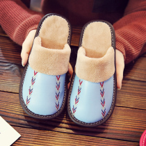 Cowhide cotton slippers female indoor home leather surface waterproof and warm fluffy non-slip thick bottom winter couple home men