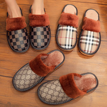  Winter home leather slippers men and women couples indoor household waterproof non-slip wooden floor warm wool and cotton slippers winter