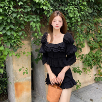 SUNA meteorite black Bud shorts provocative sexy chiffon square collar doll shirt top female spot