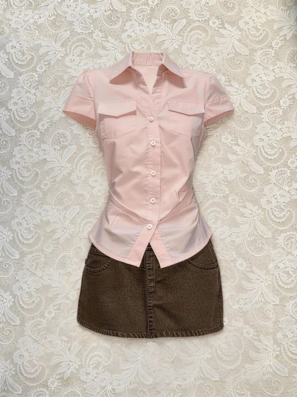 Pure and Alluring Style for Petite Figures: Pink Cinched-Waist Short-Sleeve Shirt, New Summer Fashion, Stylish and Versatile Top