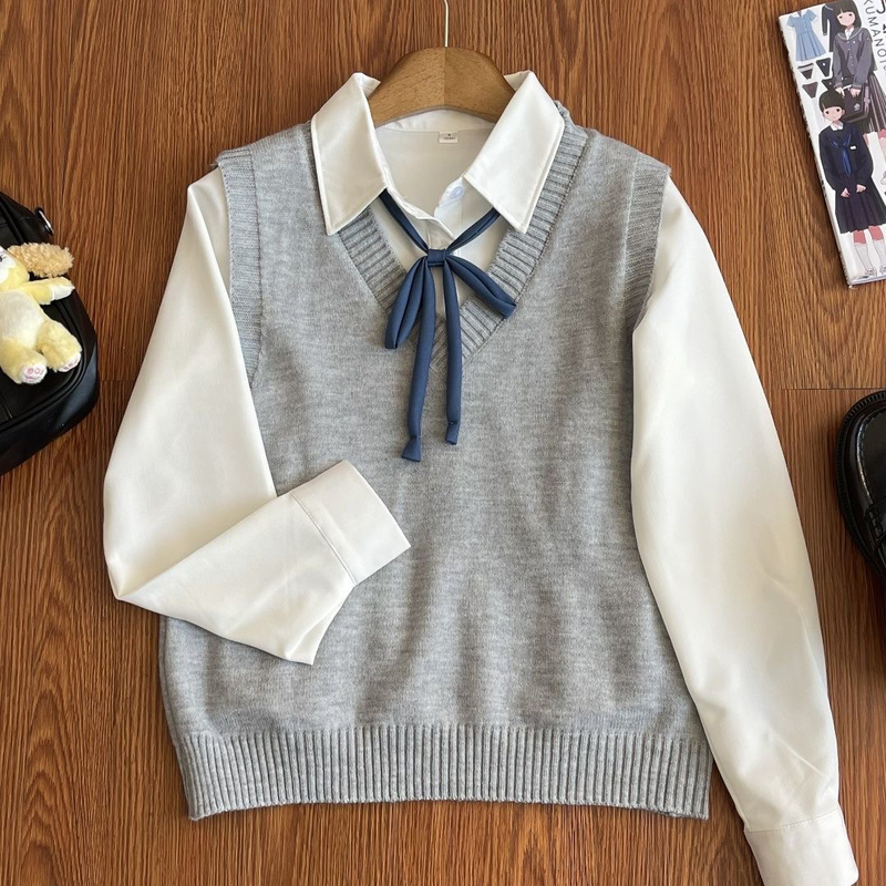 Floral Pattern Set Vest Sweater Jk Uniform Loose Basic Style Girl's Knitwear V-Neck Sleeveless Sweater