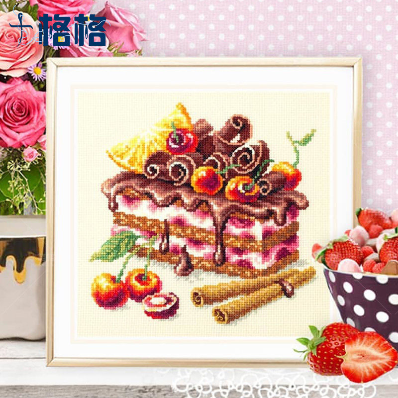 France DMC Cross Stitch Kit Hung Painting Printed Delicious Dessert Series Chocolate Sandwich Cake Beige Cloth