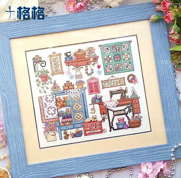 French DMC Cross Stitch Kit dim Sewing Corner Sewing Cottage Story with Vintage metal themed accessories