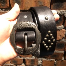 Double R Black nail letter belt Italian leather leather belt American retro West