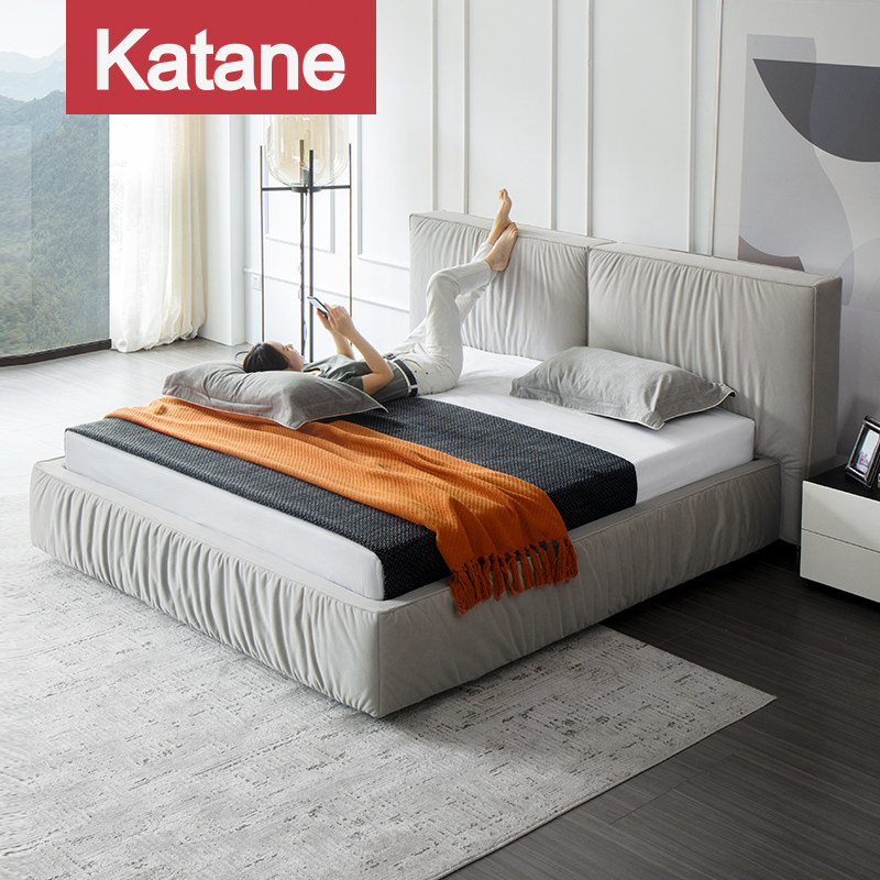 Katani fabric bed Nordic minimalist modern master bedroom light luxury wedding bed soft bag bed double bed removable and washable small apartment