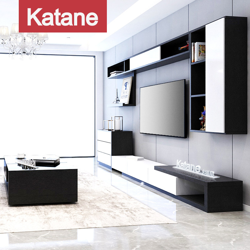 Nordic light and luxurious modern minimalist TV cabinet Tea Table Composition Suit Living Room Background Wall Cabinet Size Family retractable