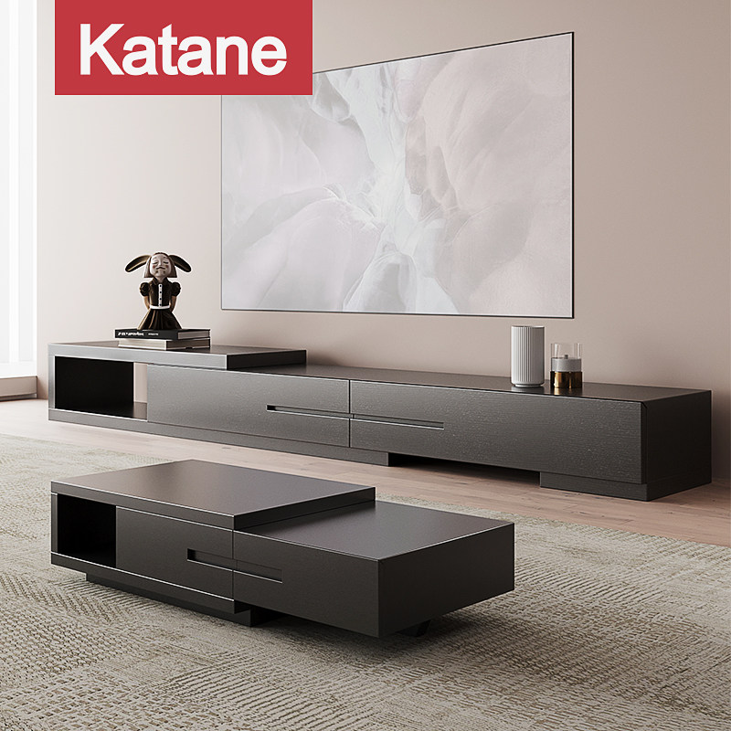 Modern minimalist telescopic storage coffee table TV cabinet combination Nordic living room size apartment furniture black oak coffee table