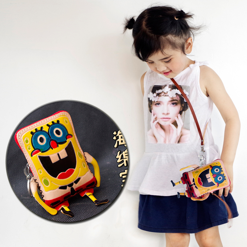SpongeBob SquarePants leather coin purse leather shoulder messenger small bag children cute mini bag key chain small wallet