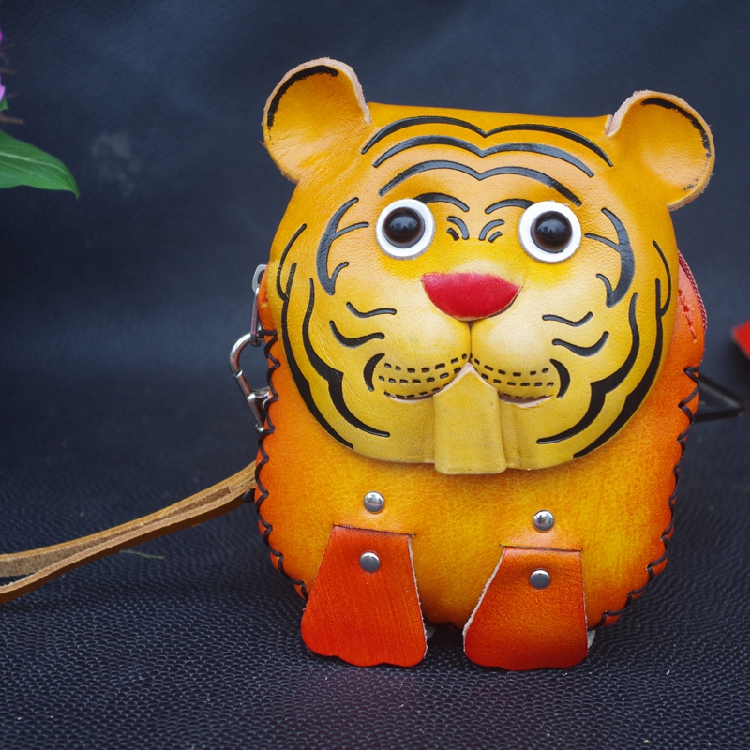 Children's birthday gift tiger leather hand-held coin purse first layer cowhide cartoon children's small shoulder bag hanging bag female