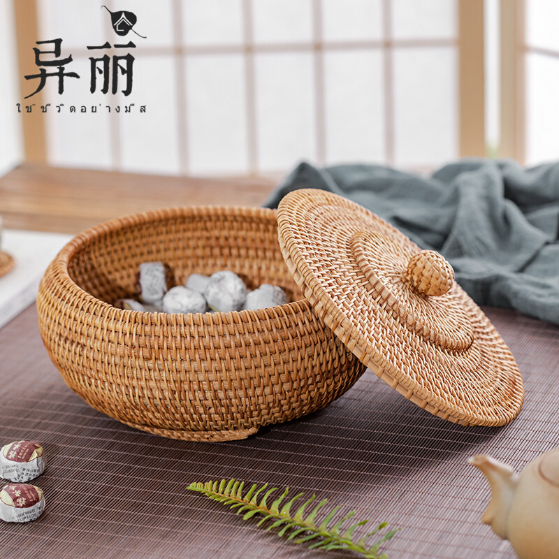 Vietnamese autumn rattan handmade natural rattan breathable storage tea cans Pu'er storage cans snack cans savings basket tea set
