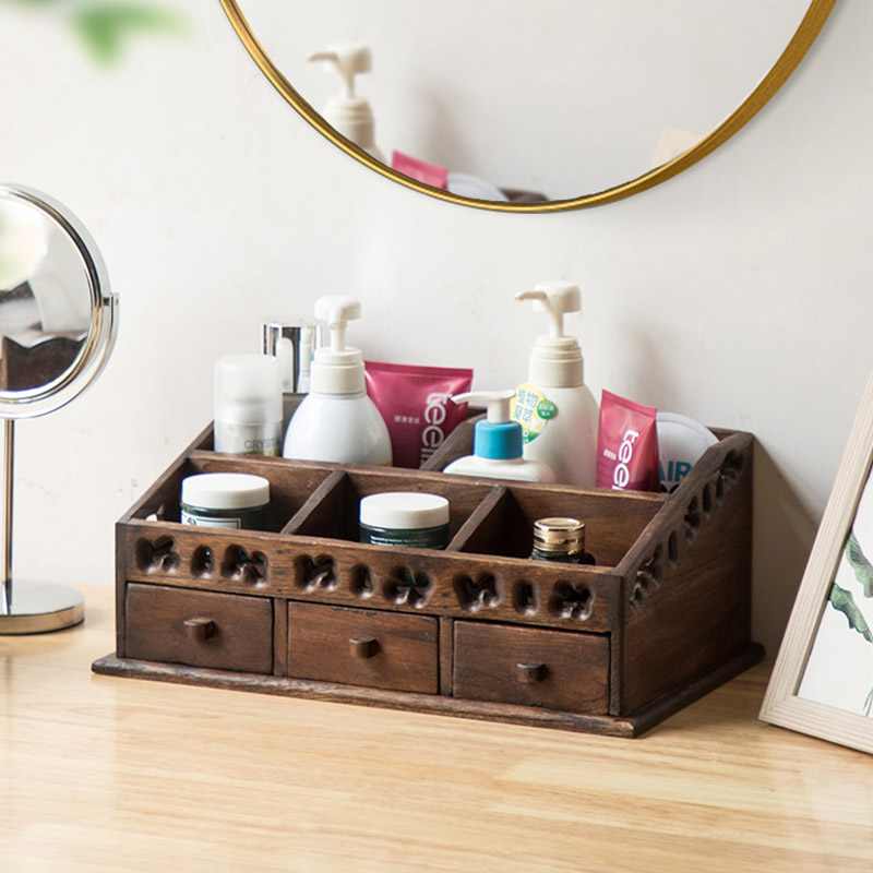 Thai solid wood drawer skincare cosmetic containing box makeup table retro wooden table top dressing case finishing box