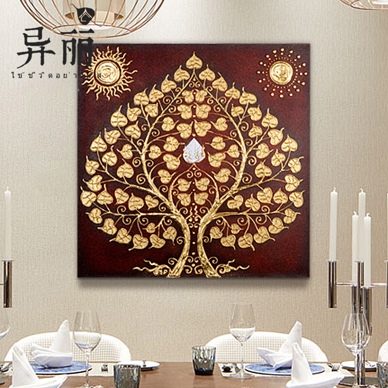Southeast Asian frescoed Tai style gold leaf hand-painted hanging drawing room sofa Background wall Xuanguan Corridor Bodhi Tree Decorative Painting