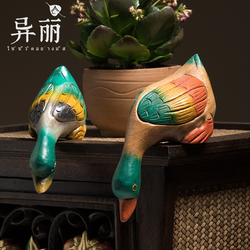 Iserie Thai Wooden Craft Gift Pendulum accessories Drink Ducks Pendulum parlor Courtyard Fish Pool Adornment Small Furnishing