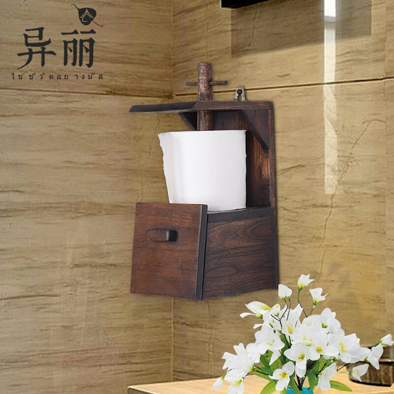 Thai Imported Solid Wood Retro Makeup Room Creative Drum Toilet Paper Rack Paper Rack Shelf Kitchen Woody Roll Toilet Paper Rack