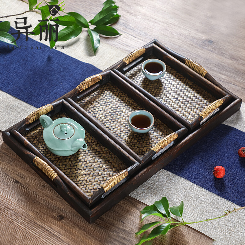 Uoli Southeast Asian style Thai bamboo pallet home retro-ancient tea plate four pieces of solid wood cup tray
