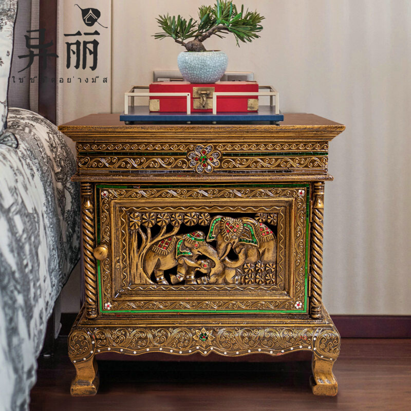 Isili Southeast Asian style Easy solid wood bed head cabinet Thai style creative bedside small cabinet minimalist retro containing cabinet