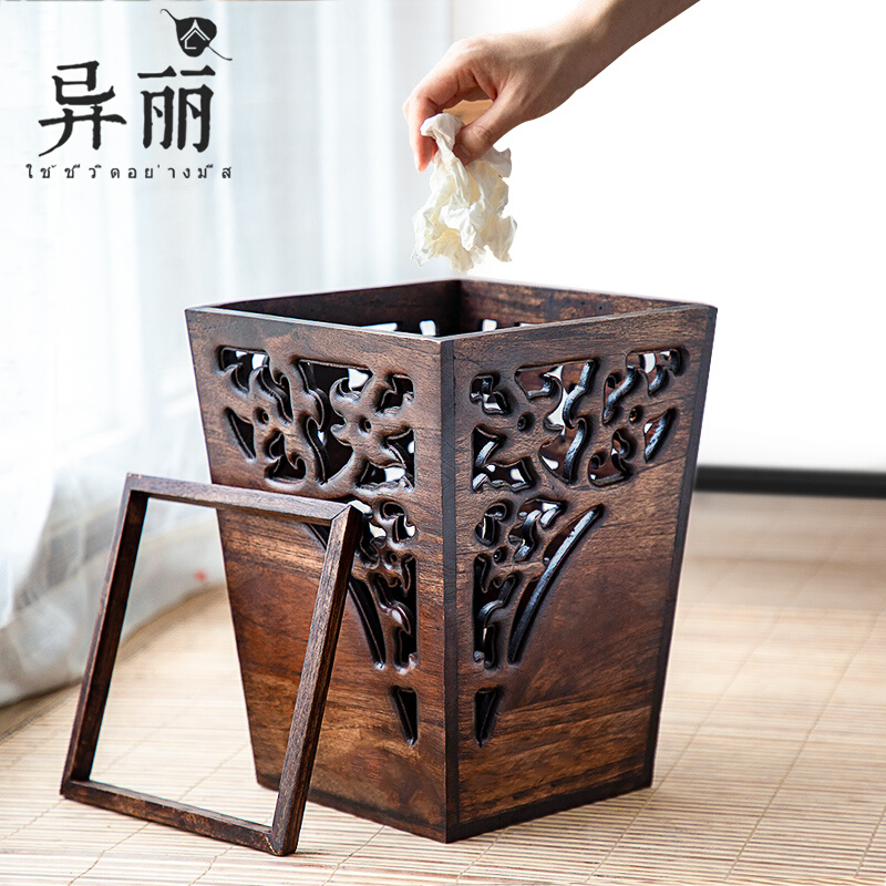 Thai Vintage Creative Living Room Bedroom Wooden Trash Can Home Toilet Kitchen New Chinese Style Solid Wood Paper Basket with Lid