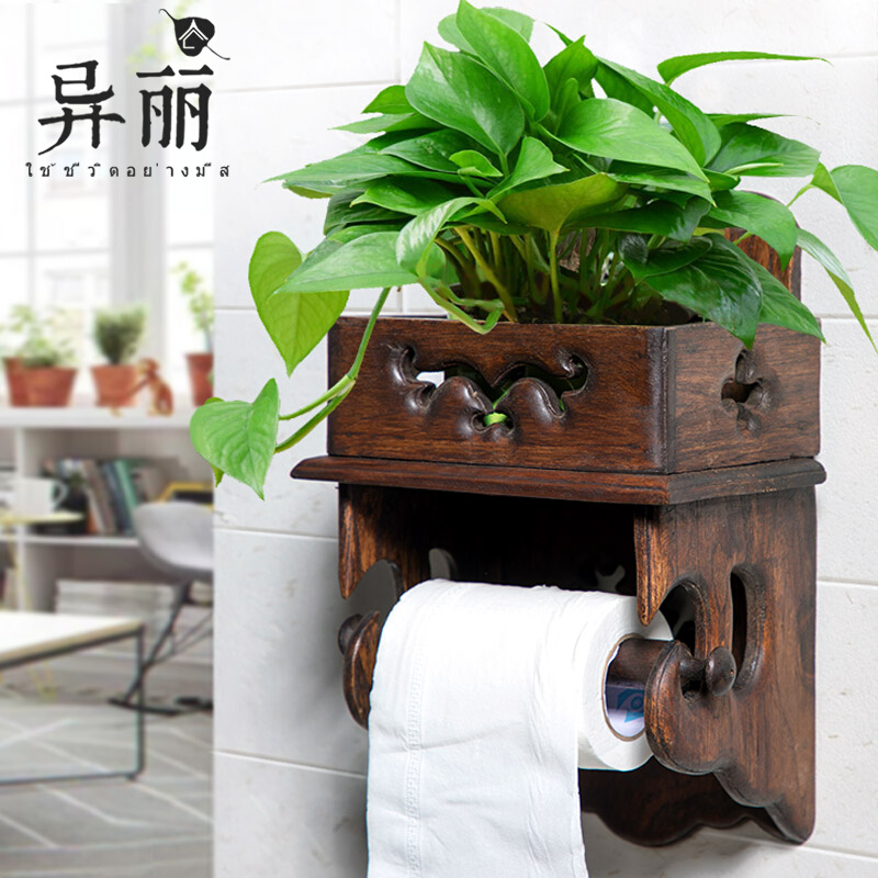 Retro solid wood tissue holder toilet paper holder toilet tissue box dressing room roll toilet paper holder toilet paper holder free of punching