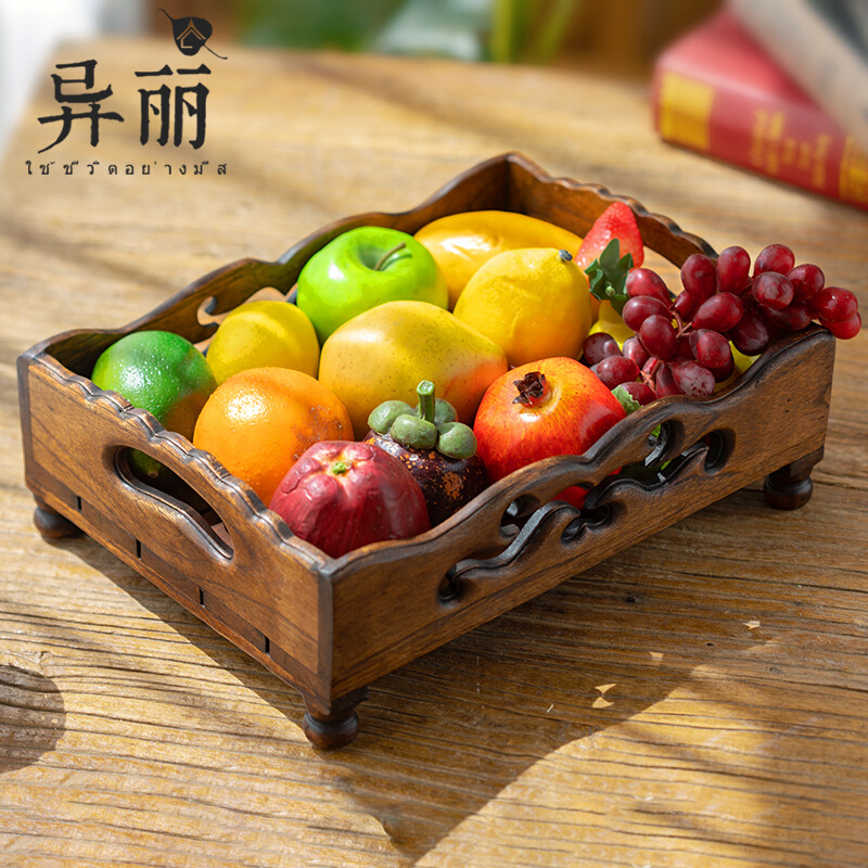 Thai solid wood fruit plate living room coffee table snack tray wooden ornaments home vintage new Chinese style fruit plate fruit basket
